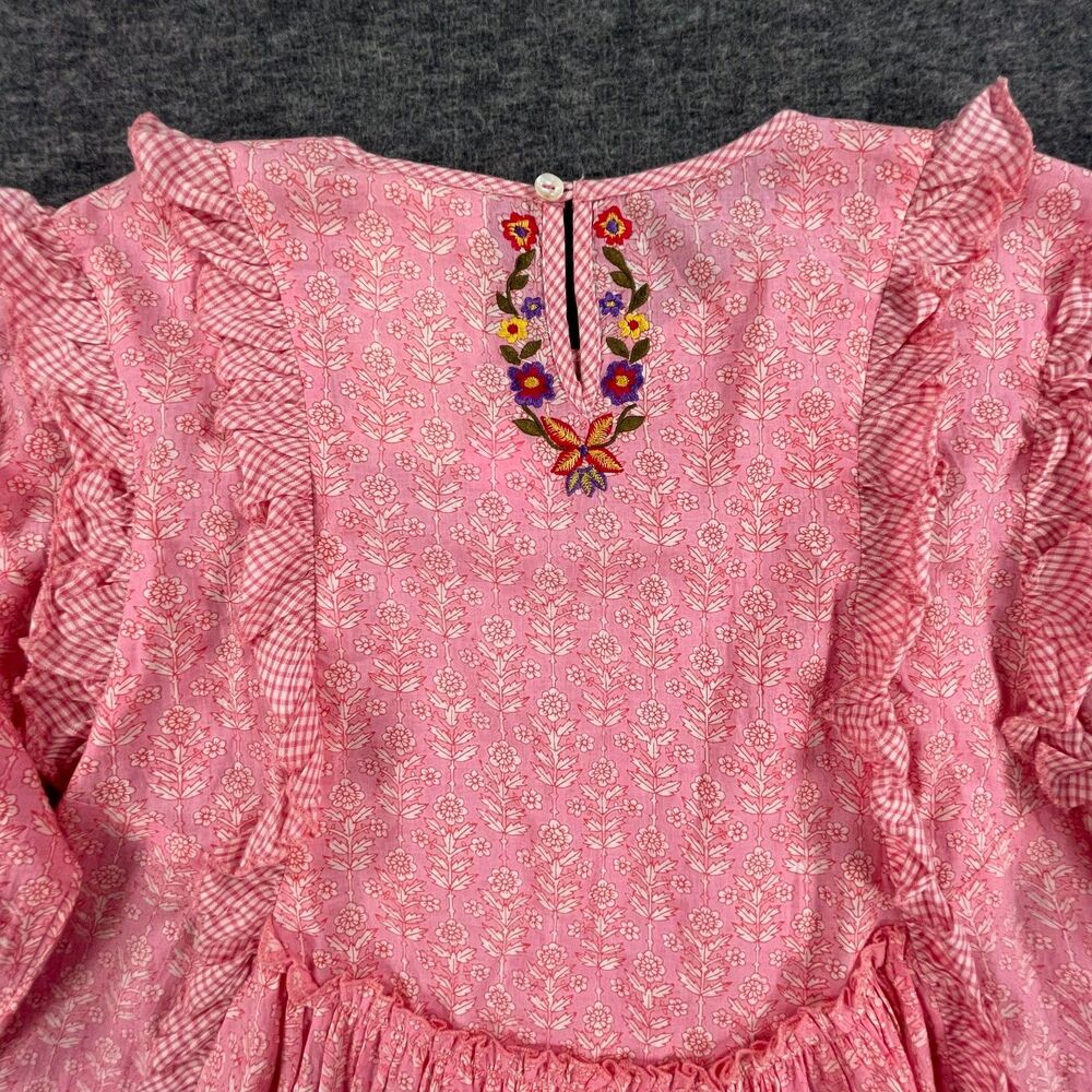Dee Man India Sample Floral Gingham Ruffle Blouse Embroidered Back Boho S OOAK - Picture 6 of 10